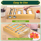 Organiseur 6 en 1 pour papier aluminium et film plastique en bambou pour tiroir de cuisine